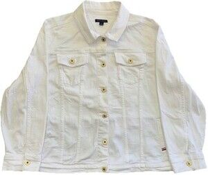 Tommy Hilfiger White Denim Jacket Women’s Size 9 Trucker Button Front Classic